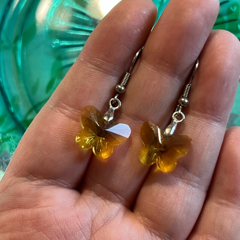 Vintage Yellow Crystal Butterfly Dangle Silver Tone Metal Artisan Made Earrings